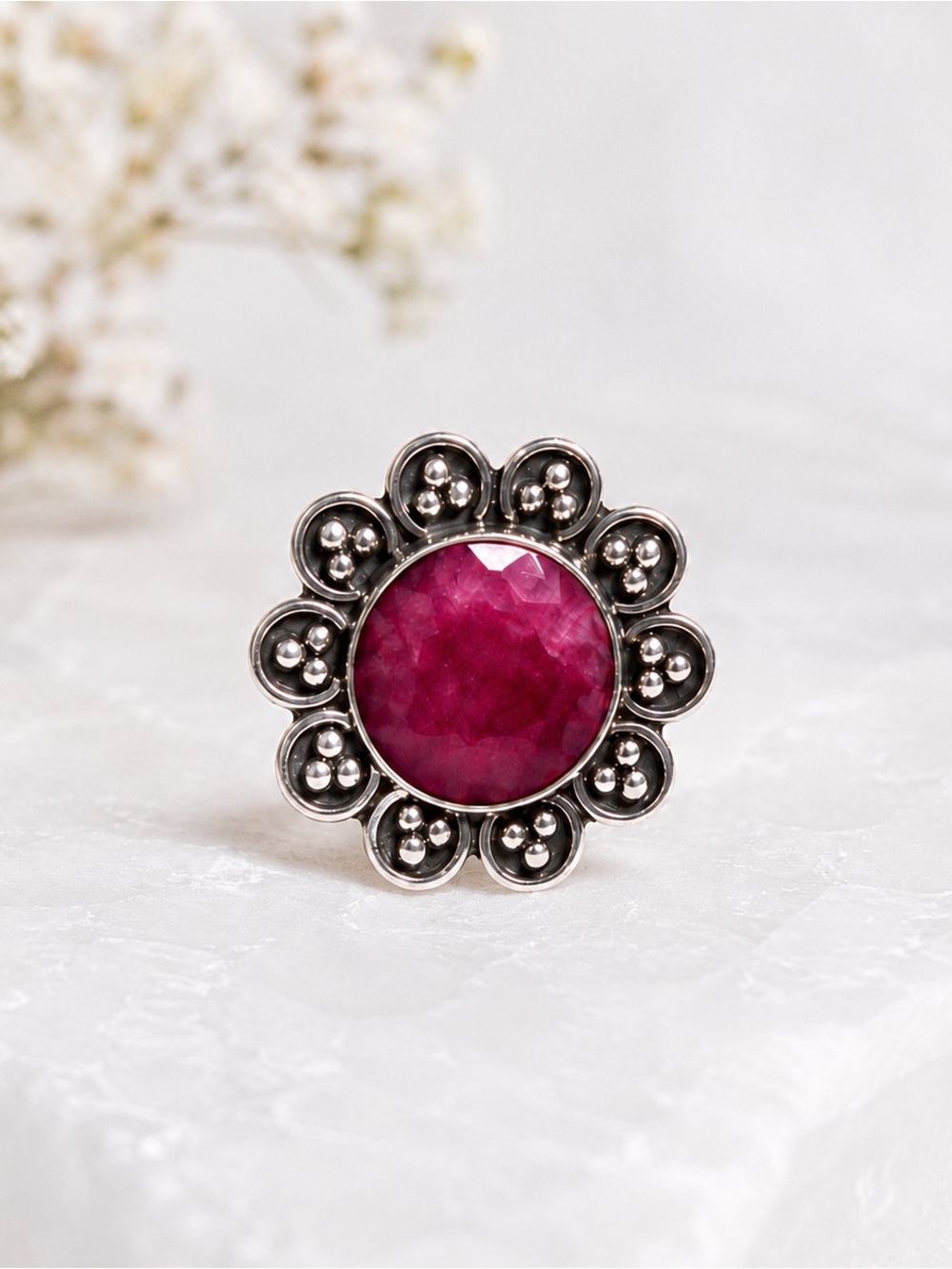 Ruby Flower Solid 925 Sterling Silver Ring - Size 7